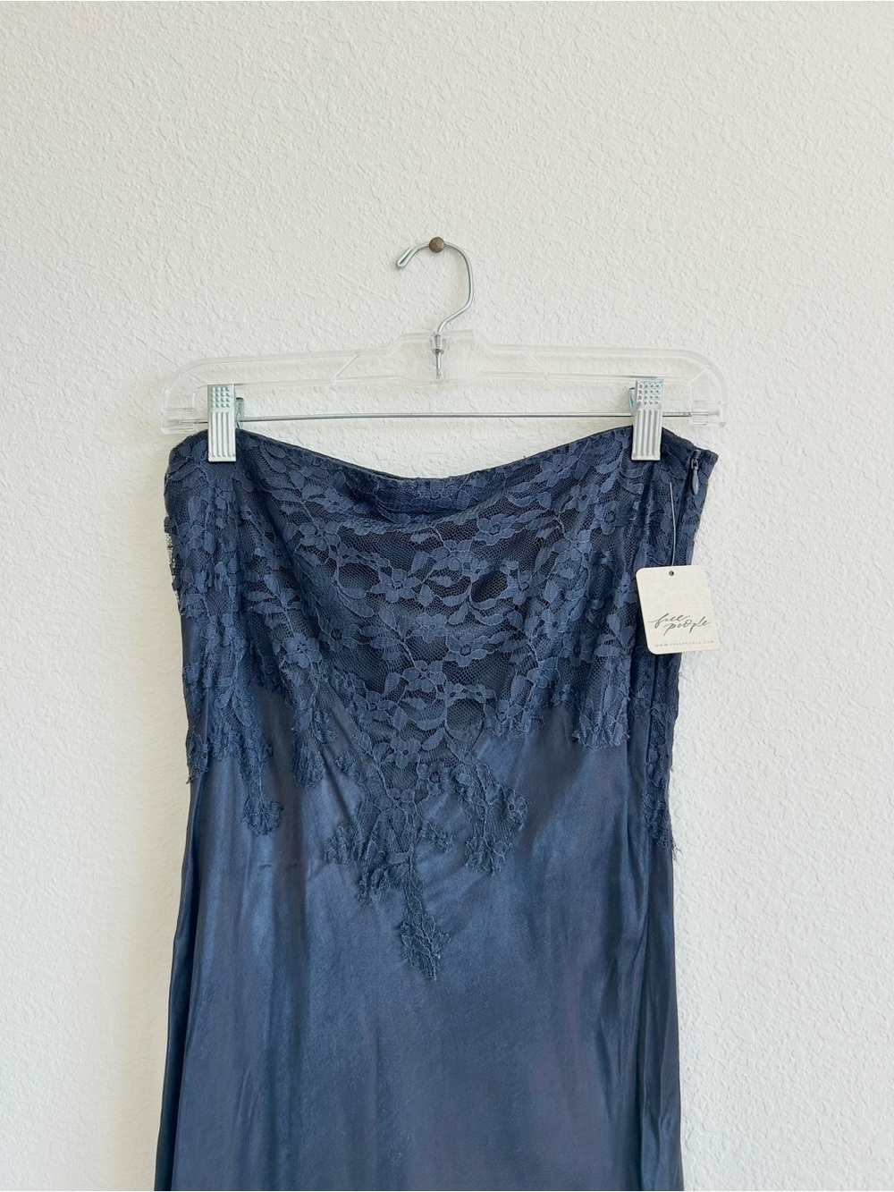 NWT Free People x Brenda Knight Navy Blue Strapless Satin Lace Midi Dress